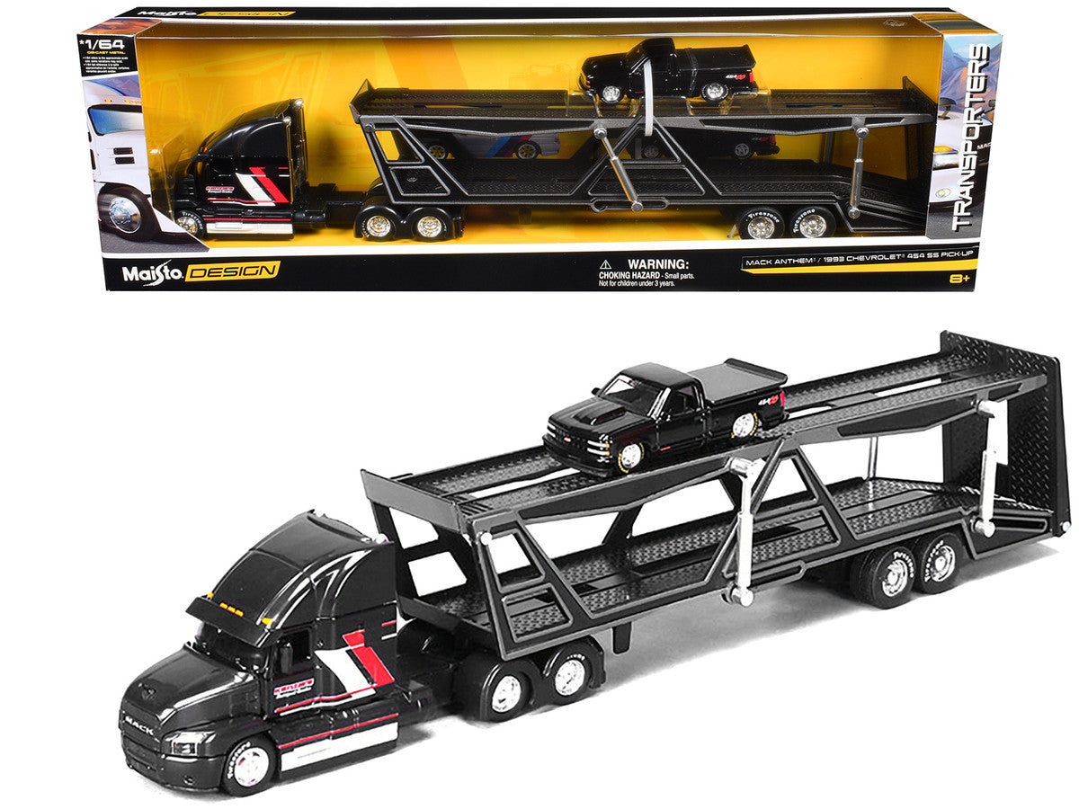 Mack Anthem Open Car Hauler Black with Red and White Stripes "Kenzie's Transport Services" and 1993 Chevrolet 454 SS Pickup Truck Black "Transporters" Series 1/64 Diecast Models by Maisto-0