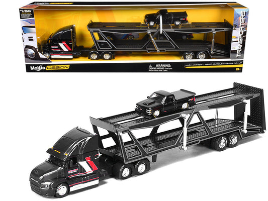 Mack Anthem Open Car Hauler Black with Red and White Stripes "Kenzie's Transport Services" and 1993 Chevrolet 454 SS Pickup Truck Black "Transporters" Series 1/64 Diecast Models by Maisto-0