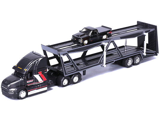 Mack Anthem Open Car Hauler Black with Red and White Stripes "Kenzie's Transport Services" and 1993 Chevrolet 454 SS Pickup Truck Black "Transporters" Series 1/64 Diecast Models by Maisto-1