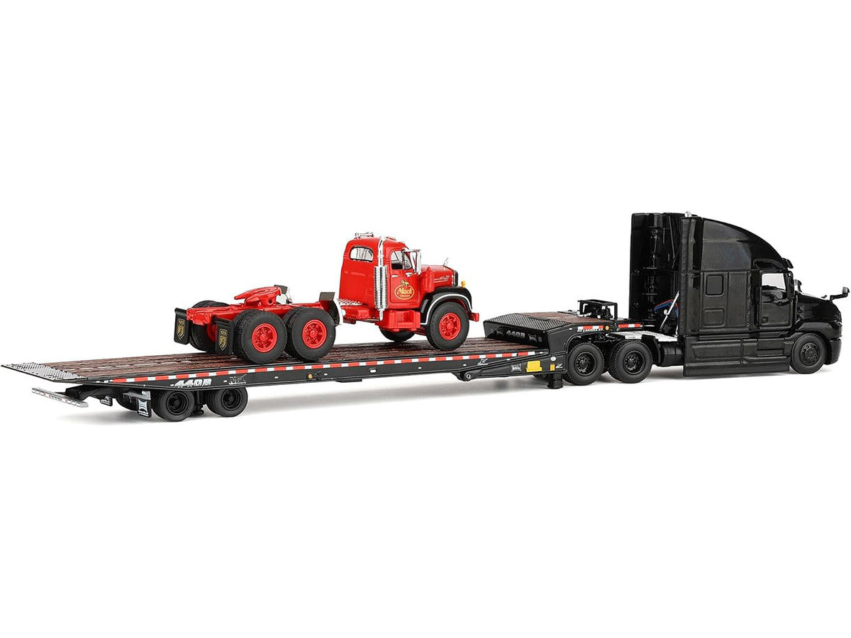 Mack Anthem Sleeper and Landoll 440B-50CA Traveling Axle Trailer Black with Mack B-61 Day Cab Load Red "Mack Anniversary" 1/64 Diecast Model by DCP/First Gear-3