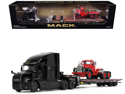 Mack Anthem Sleeper and Landoll 440B-50CA Traveling Axle Trailer Black with Mack B-61 Day Cab Load Red "Mack Anniversary" 1/64 Diecast Model by DCP/First Gear-0