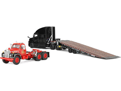 Mack Anthem Sleeper and Landoll 440B-50CA Traveling Axle Trailer Black with Mack B-61 Day Cab Load Red "Mack Anniversary" 1/64 Diecast Model by DCP/First Gear-4