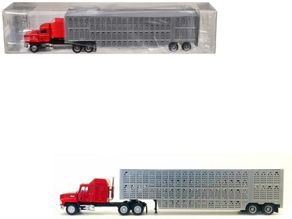 Mack CH 613 with Sleeper Cab Red with Silver Livestock Trailer 1/87 (HO) Plastic Model Car by Promotex-0