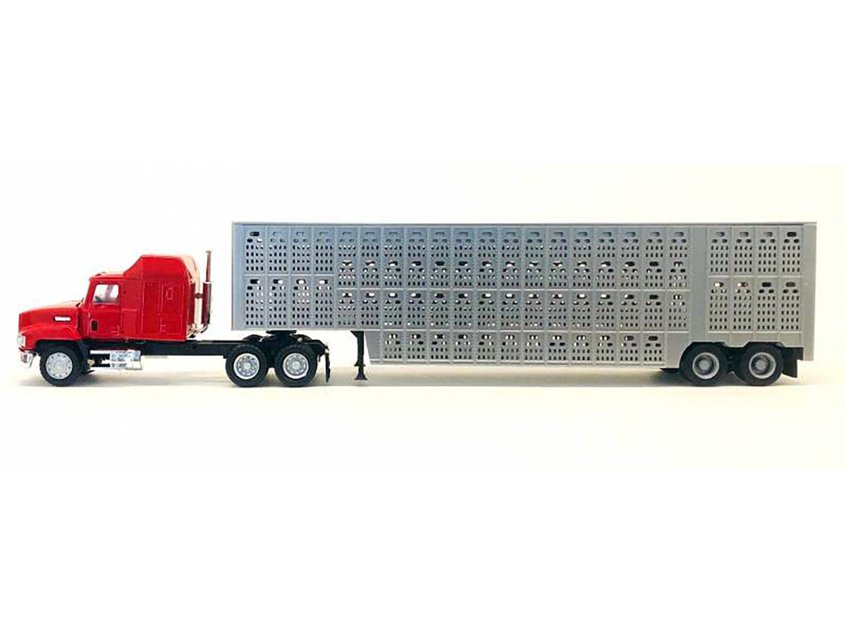 Mack CH 613 with Sleeper Cab Red with Silver Livestock Trailer 1/87 (HO) Plastic Model Car by Promotex-1