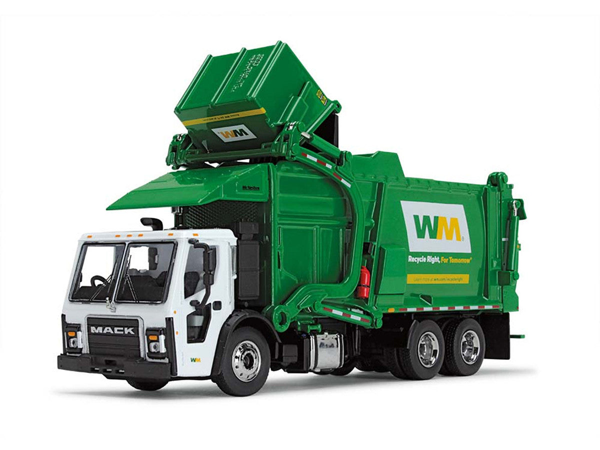 Mack LR Garbage Truck with McNeilus Meridian Front Load Refuse Body White and Green with Refuse Bin "Waste Management" 1/64 Diecast Model by First Gear-2