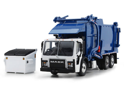 Mack LR Refuse Garbage Truck with McNeilus Meridian Front Loader White and Blue with Trash Bin 1/64 Diecast Model by DCP/First Gear-0