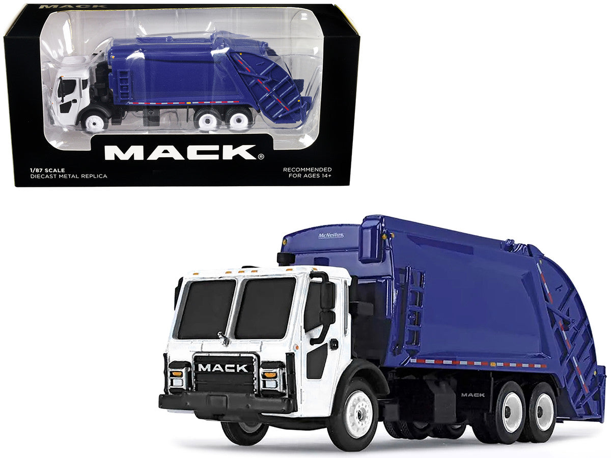 Mack LR with McNeilus Rear Load Refuse Body Blue and White 1/87 (HO) Diecast Model by First Gear-0