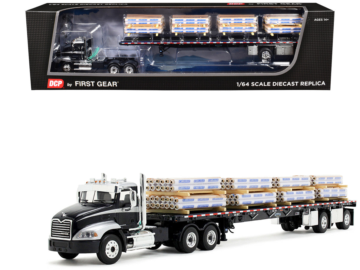 Mack Pinnacle Day Cab with Minimizer Parts & 53' Wilson Roadbrute Flatbed Trailer with "Carlisle Roofing" Loaded Pallets Black with Silver Top and Stripes 1/64 Diecast Model by DCP/First Gear-3