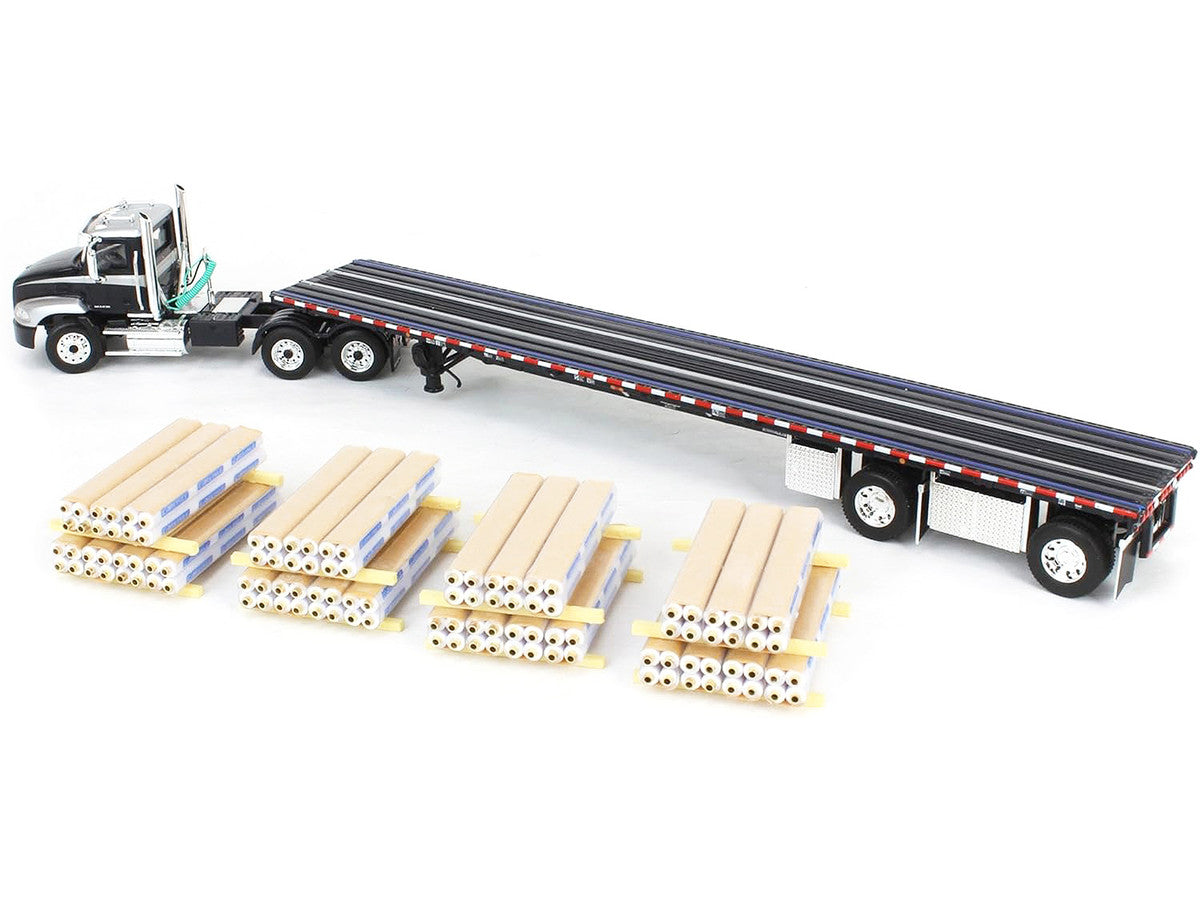 Mack Pinnacle Day Cab with Minimizer Parts & 53' Wilson Roadbrute Flatbed Trailer with "Carlisle Roofing" Loaded Pallets Black with Silver Top and Stripes 1/64 Diecast Model by DCP/First Gear-2