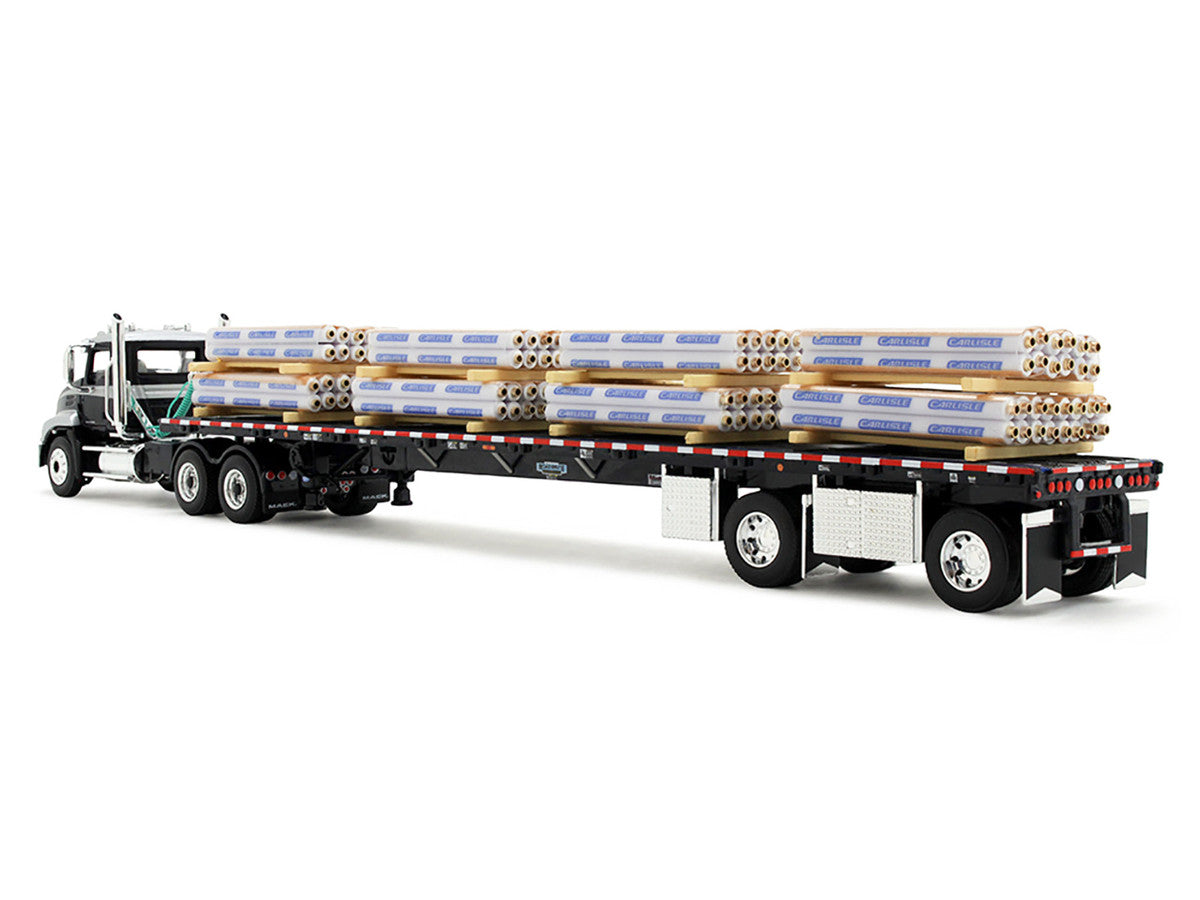 Mack Pinnacle Day Cab with Minimizer Parts & 53' Wilson Roadbrute Flatbed Trailer with "Carlisle Roofing" Loaded Pallets Black with Silver Top and Stripes 1/64 Diecast Model by DCP/First Gear-1