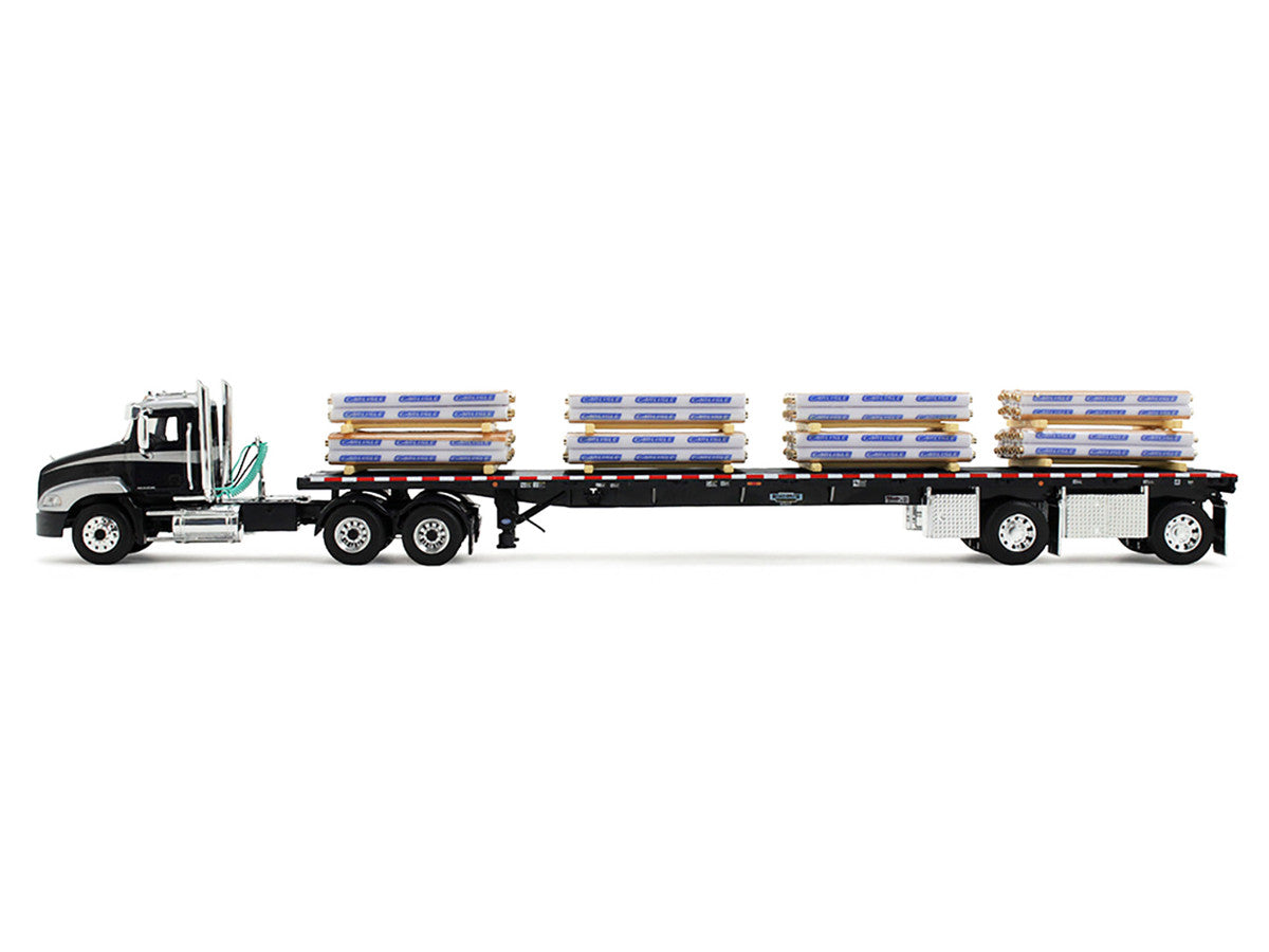 Mack Pinnacle Day Cab with Minimizer Parts & 53' Wilson Roadbrute Flatbed Trailer with "Carlisle Roofing" Loaded Pallets Black with Silver Top and Stripes 1/64 Diecast Model by DCP/First Gear-0