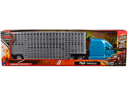 Mack Pinnacle Truck with Pot Belly Livestock Trailer Blue and Chrome "Long Haul Truckers" Series 1/32 Diecast Model by New Ray-2