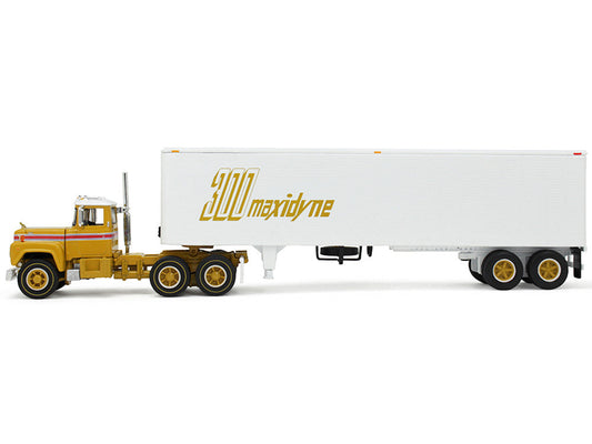 Mack R-Model Day Cab and 40' Vintage Trailer Yellow with Red Stripes and White Top "Mack Anniversary" 1/64 Diecast Model by DCP/First Gear-0