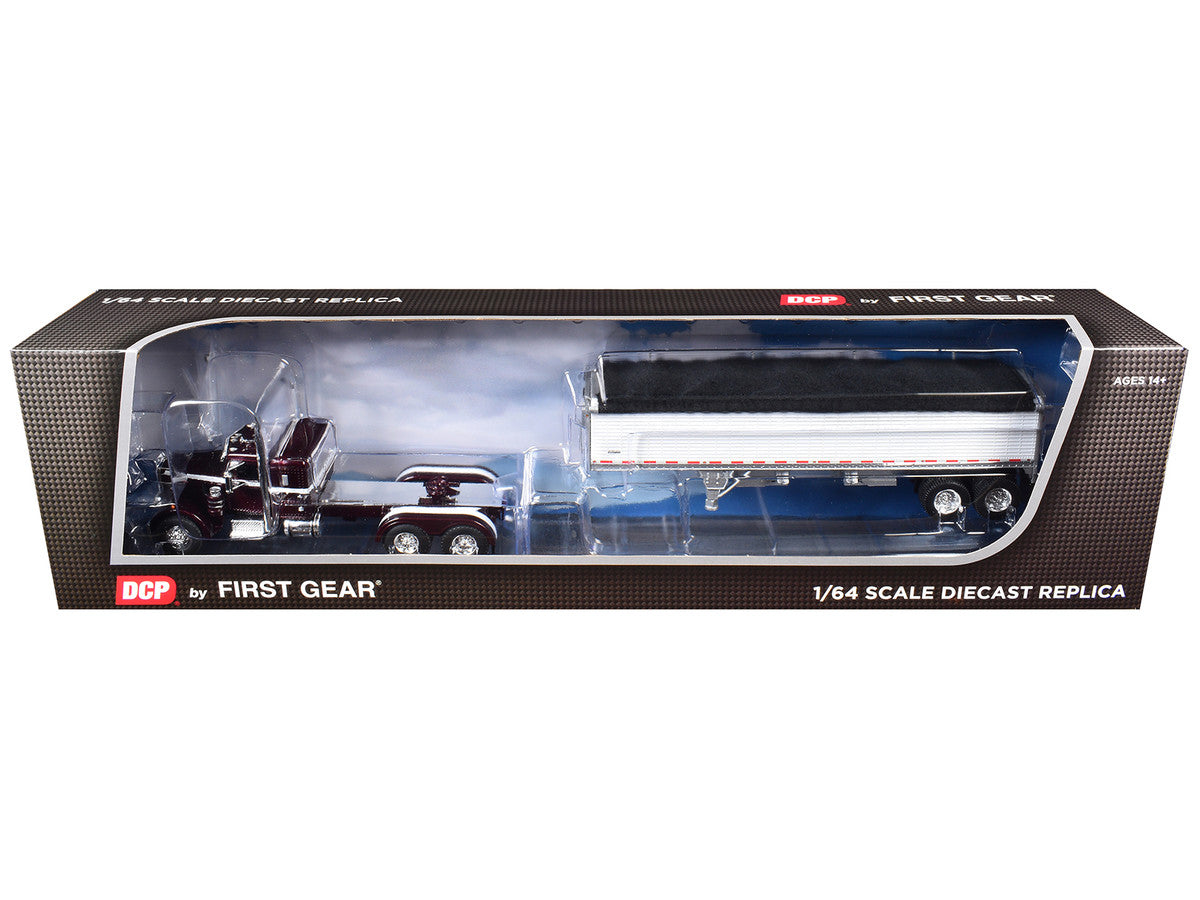 Peterbilt 351 with 36" Sleeper and 34' Wilson Pacesetter Grain Trailer Dark Cherry with White Stripes 1/64 Diecast Model by DCP/First Gear-1