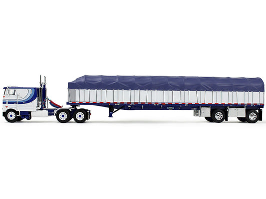 Peterbilt 352 COE 110" Sleeper and 53’ Wilson Roadbrute Flatbed Trailer with Covered Wagon White with Blue Stripes 1/64 Diecast Model by DCP/First Gear-0
