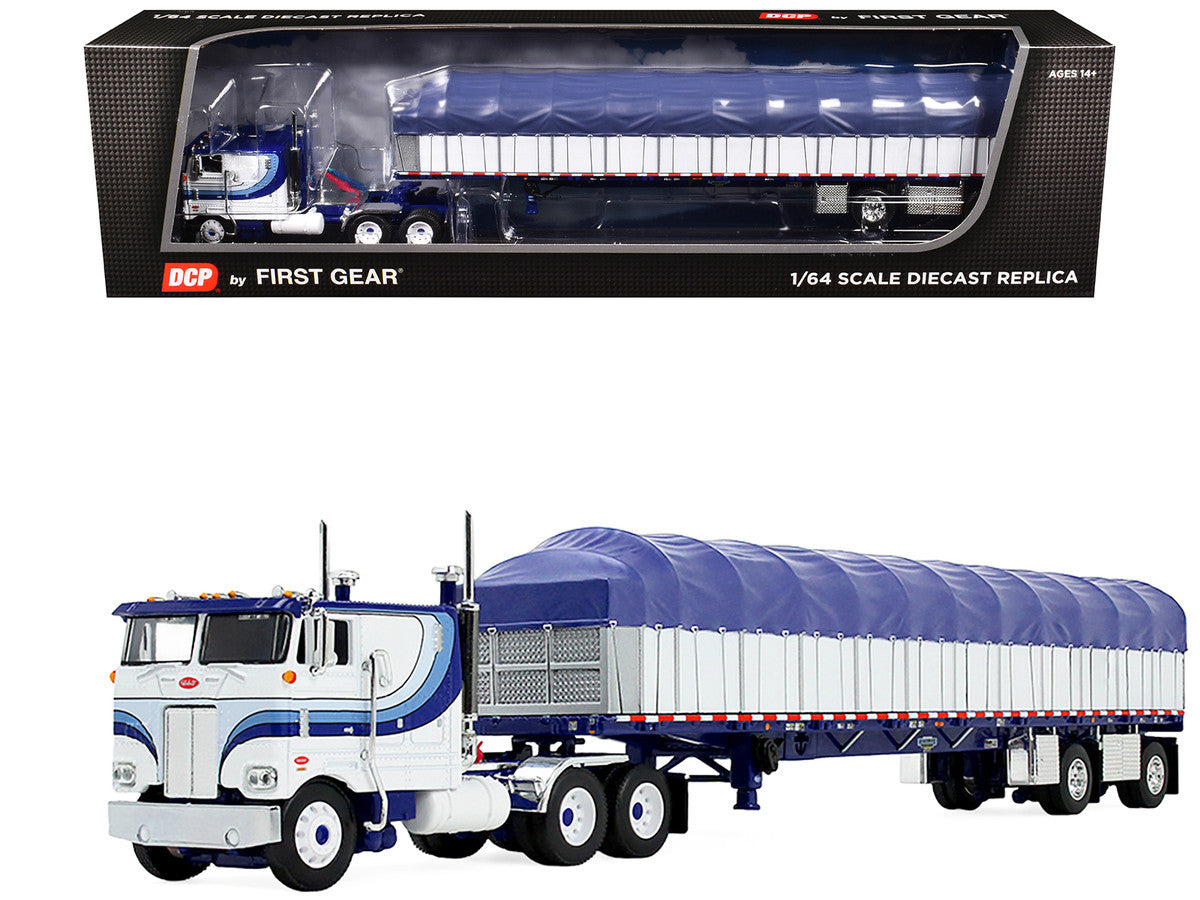 Peterbilt 352 COE 110" Sleeper and 53’ Wilson Roadbrute Flatbed Trailer with Covered Wagon White with Blue Stripes 1/64 Diecast Model by DCP/First Gear-3