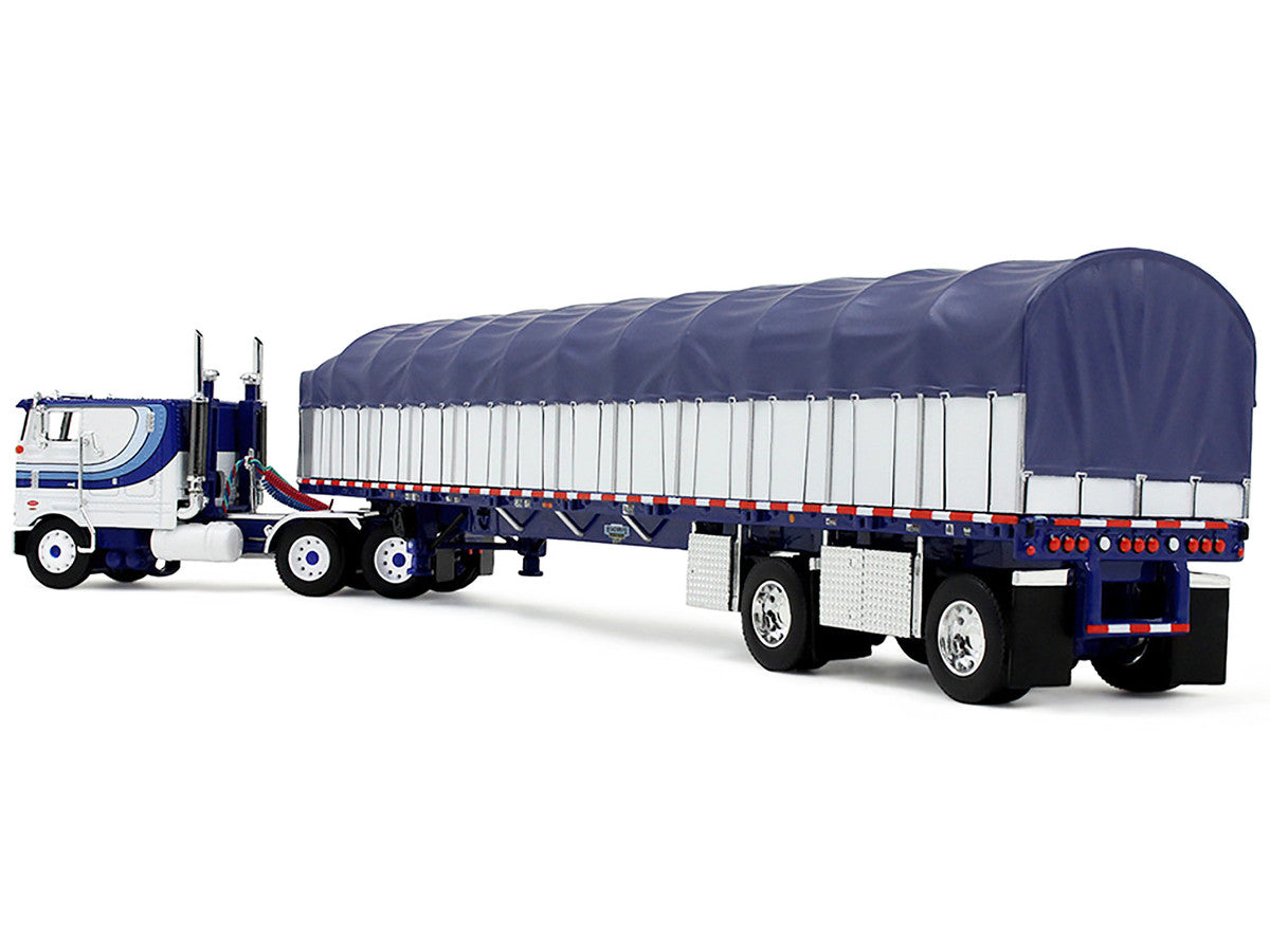 Peterbilt 352 COE 110" Sleeper and 53’ Wilson Roadbrute Flatbed Trailer with Covered Wagon White with Blue Stripes 1/64 Diecast Model by DCP/First Gear-1