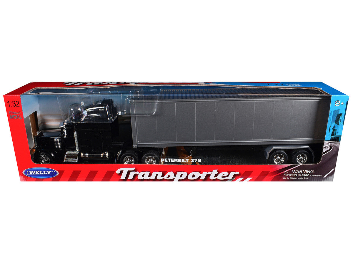 Peterbilt 379 Truck Black with Silver Container "Transporter" Series 1/32 Diecast Model by Welly-2