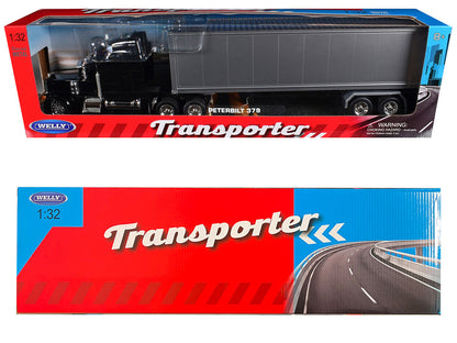 Peterbilt 379 Truck Black with Silver Container "Transporter" Series 1/32 Diecast Model by Welly-1