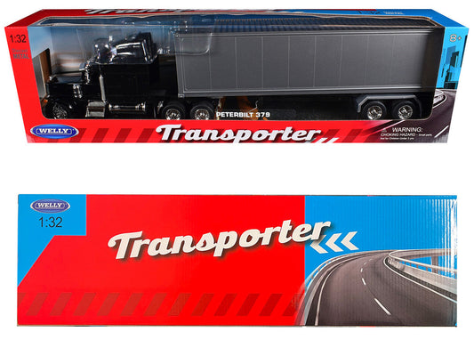 Peterbilt 379 Truck Black with Silver Container "Transporter" Series 1/32 Diecast Model by Welly-1
