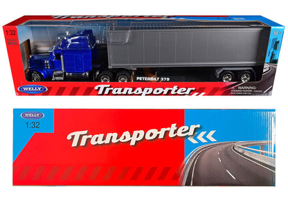 Peterbilt 379 Truck Blue Metallic with Silver Container "Transporter" Series 1/32 Diecast Model by Welly-1