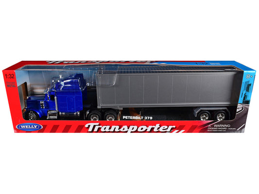 Peterbilt 379 Truck Blue Metallic with Silver Container "Transporter" Series 1/32 Diecast Model by Welly-2