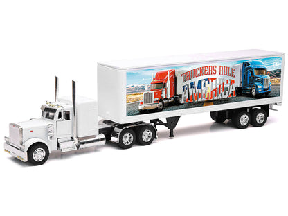 Peterbilt 379 Truck White with Dry Van Trailer "Truckers Rule America" "Long Haul Truckers" Series 1/32 Diecast Model by New Ray-0
