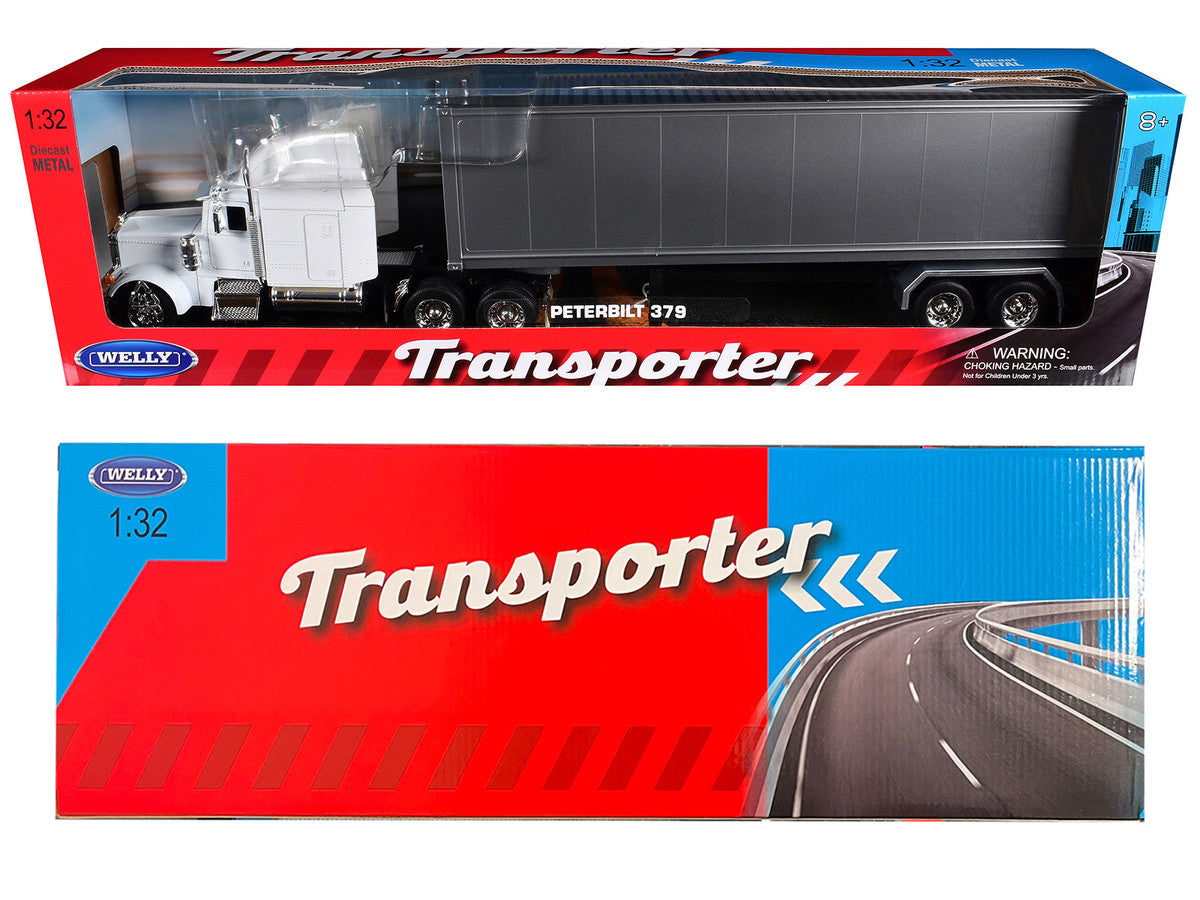 Peterbilt 379 Truck White with Silver Container "Transporter" Series 1/32 Diecast Model by Welly-1