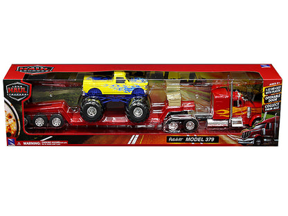 Peterbilt 379 Truck with Lowboy Trailer Red with Orange Flames and Monster Truck Yellow with Blue Flames "Long Haul Truckers" Series 1/32 Diecast Model by New Ray-2