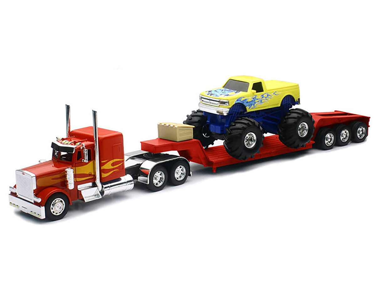 Peterbilt 379 Truck with Lowboy Trailer Red with Orange Flames and Monster Truck Yellow with Blue Flames "Long Haul Truckers" Series 1/32 Diecast Model by New Ray-1