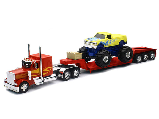 Peterbilt 379 Truck with Lowboy Trailer Red with Orange Flames and Monster Truck Yellow with Blue Flames "Long Haul Truckers" Series 1/32 Diecast Model by New Ray-1
