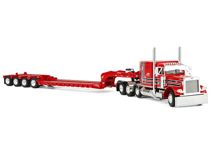 Peterbilt 379 with 63" Flat Top Sleeper and Fontaine Magnitude Lowboy Trailer with Fliptail "Anty Trucking & Rigging" Red with Black Stripes 1/64 Diecast Model by DCP/First Gear-1