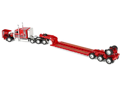 Peterbilt 379 with 63" Flat Top Sleeper and Fontaine Magnitude Lowboy Trailer with Fliptail "Anty Trucking & Rigging" Red with Black Stripes 1/64 Diecast Model by DCP/First Gear-2
