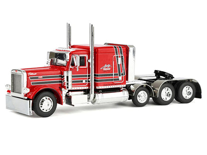 Peterbilt 379 with 63" Flat Top Sleeper and Fontaine Magnitude Lowboy Trailer with Fliptail "Anty Trucking & Rigging" Red with Black Stripes 1/64 Diecast Model by DCP/First Gear-3