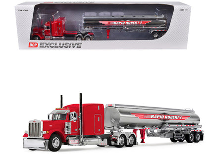 Peterbilt 379 with 63" Mid-Roof Sleeper and Heil Fuel Tank Trailer "Rapid Roberts" Red 1/64 Diecast Model by DCP/First Gear-2