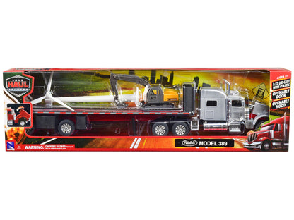 Peterbilt 389 Truck with Flatbed Trailer Silver Metallic with Excavator and Wind Turbine "Long Haul Truckers" Series 1/32 Diecast Model by New Ray-2