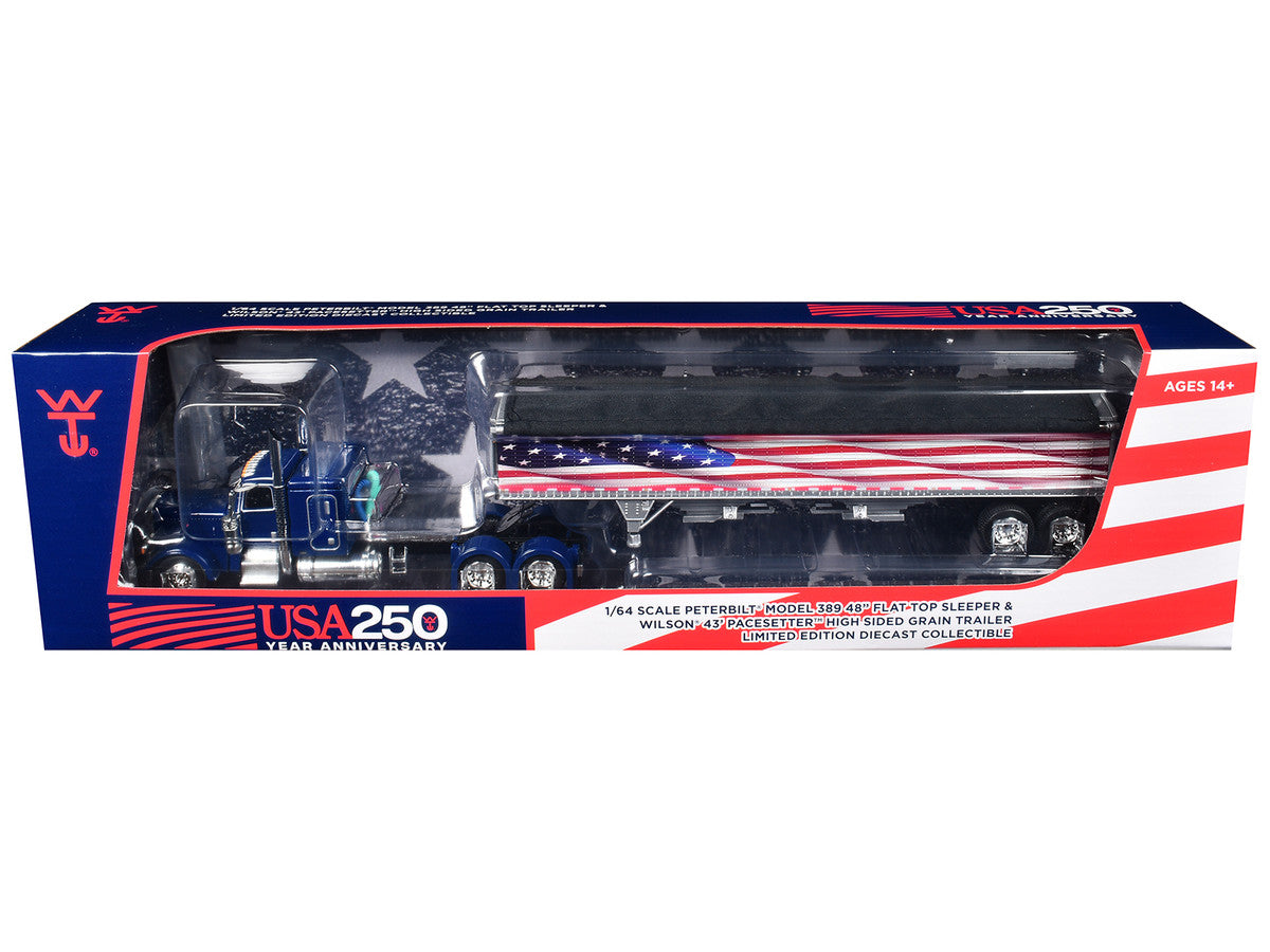Peterbilt 389 with 48" Flat Top Sleeper and 43' Wilson Pacesetter High Side Grain Trailer "Wilson USA 250" Blue 1/64 Diecast Model by DCP/First Gear-1
