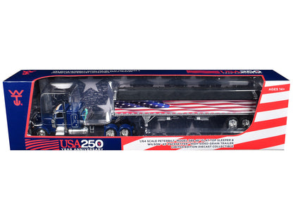 Peterbilt 389 with 48" Flat Top Sleeper and 43' Wilson Pacesetter High Side Grain Trailer "Wilson USA 250" Blue 1/64 Diecast Model by DCP/First Gear-1