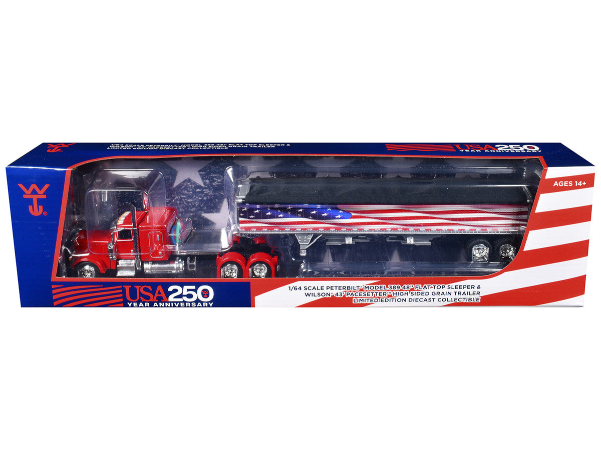 Peterbilt 389 with 48" Flat Top Sleeper and 43' Wilson Pacesetter High Side Grain Trailer "Wilson USA 250" Red 1/64 Diecast Model by DCP/First Gear-2