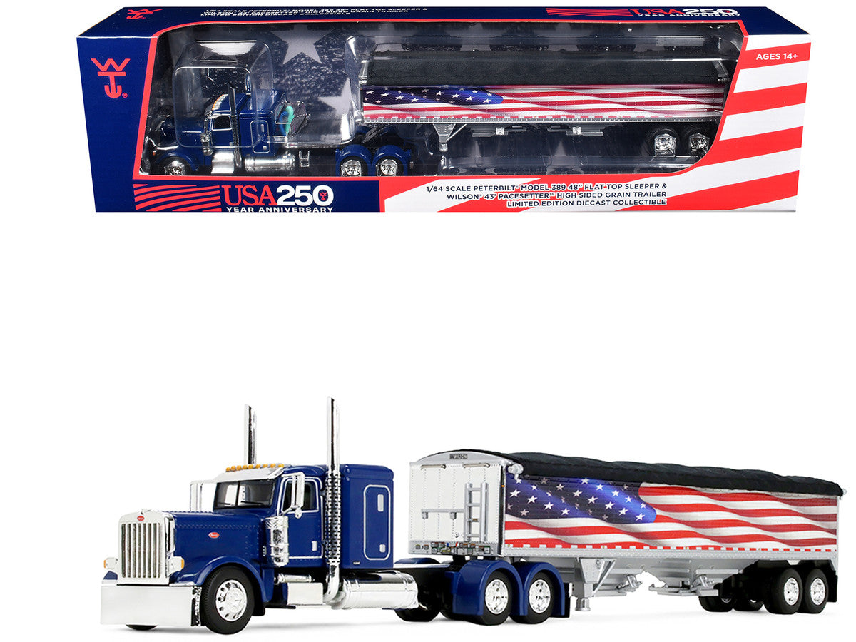 Peterbilt 389 with 48" Flat Top Sleeper and 43' Wilson Pacesetter High Side Grain Trailer "Wilson USA 250" Blue 1/64 Diecast Model by DCP/First Gear-2