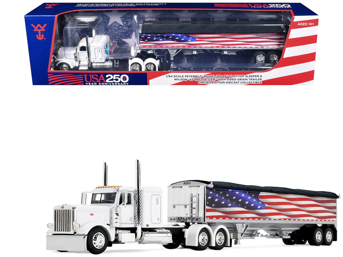 Peterbilt 389 with 48" Flat Top Sleeper and 43' Wilson Pacesetter High Side Grain Trailer "Wilson USA 250" White 1/64 Diecast Model by DCP/First Gear-0