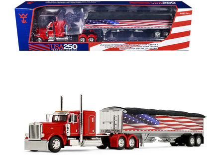 Peterbilt 389 with 48" Flat Top Sleeper and 43' Wilson Pacesetter High Side Grain Trailer "Wilson USA 250" Red 1/64 Diecast Model by DCP/First Gear-0