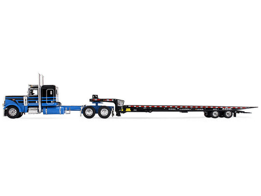 Peterbilt 389 with 48" Flat Top Sleeper and Landoll 440B-50CA Traveling Axle Trailer Black with Blue Stripes 1/64 Diecast Model by DCP/First Gear-1