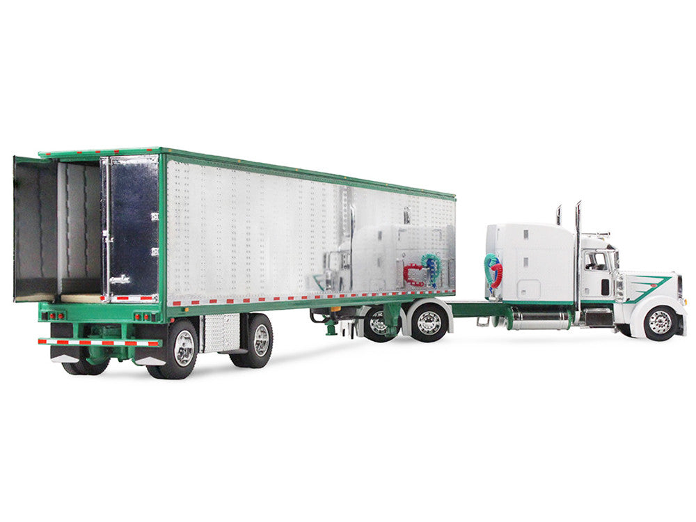 Peterbilt 389 with 63" Mid-Roof Sleeper and 53' Utility Trailer White with Green Stripes 1/64 Diecast Model by DCP/First Gear-3