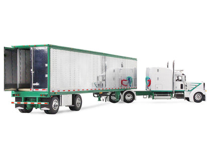 Peterbilt 389 with 63" Mid-Roof Sleeper and 53' Utility Trailer White with Green Stripes 1/64 Diecast Model by DCP/First Gear-3