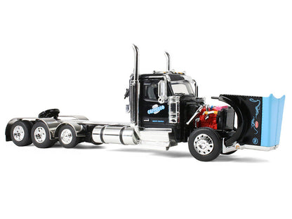 Peterbilt 589 Day Cab and Fontaine Renegade LXT40 Lowboy Trailer with Fliptail "Cappello Heavy Transport" Black with Light Blue Hood 1/64 Diecast Model by DCP/First Gear-1