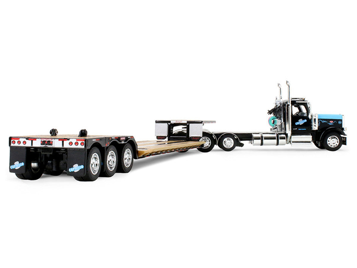 Peterbilt 589 Day Cab and Fontaine Renegade LXT40 Lowboy Trailer with Fliptail "Cappello Heavy Transport" Black with Light Blue Hood 1/64 Diecast Model by DCP/First Gear-0