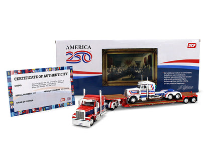 Peterbilt 589 with 44" Flat Top Sleeper Red with Blue Stripes and Fontaine Renegade LXT40 Lowboy Trailer with Peterbilt 359 Load White with Blue and Red Stripes "America 250" 1/64 Diecast Model by DCP/First Gear-4