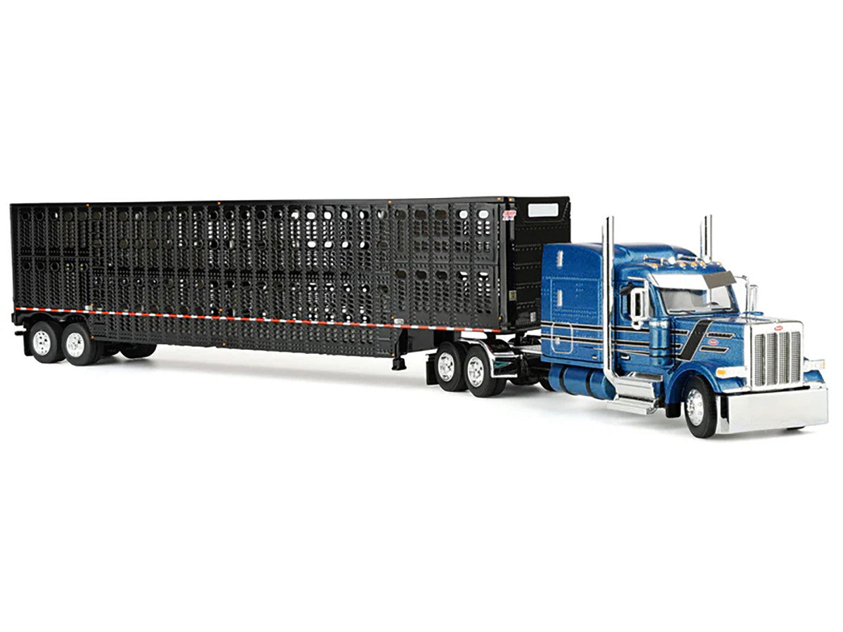 Peterbilt 589 with 72" Mid-Roof Sleeper and Wilson Silverstar Livestock Trailer Bright Blue with Black Stripes and Trailer 1/64 Diecast Model by DCP/First Gear-3