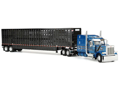 Peterbilt 589 with 72" Mid-Roof Sleeper and Wilson Silverstar Livestock Trailer Bright Blue with Black Stripes and Trailer 1/64 Diecast Model by DCP/First Gear-3